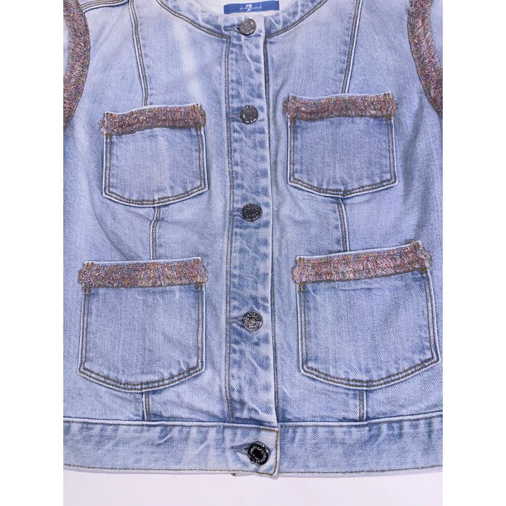7 For All Mankind Light Wash Denim Jacket Pink Fringe Trim Button Front Size S - Picture 6 of 12